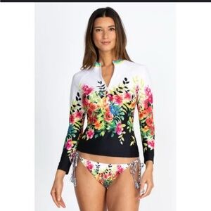 Johnny Was Floral Surf Long Sleeve Top Black Sea Rash Guard size XS